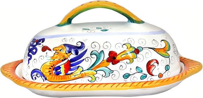 Deruta Italy Raffaellesco Butter Dish | 1 Piece 8.5 x 4 x 4.5 Inch| Handcrafted & Handpainted Italian Ceramics | Authentic Pottery Handmade Kitchen Container Display Renaissance Art Home Decor Gift