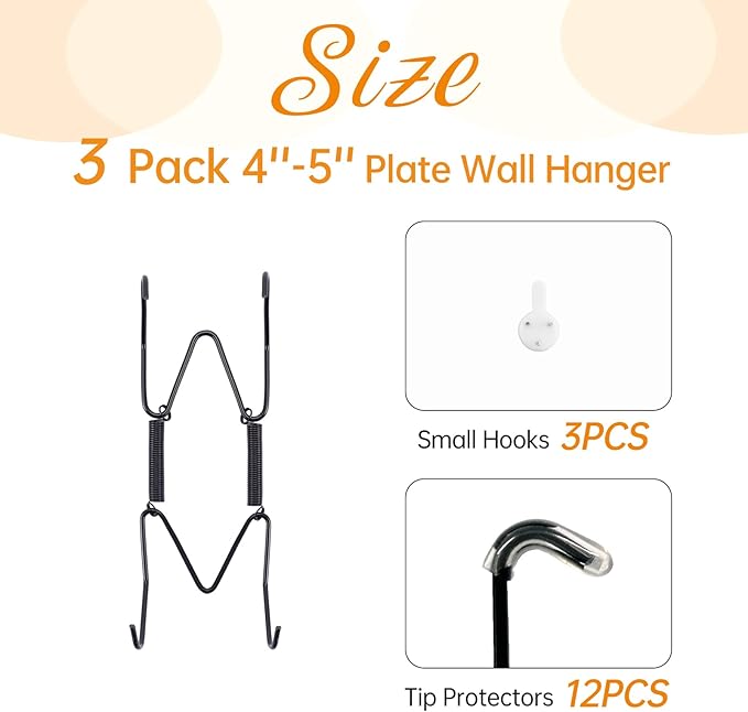Bilillo 3 Pack Plate Hangers for The Wall, Suitable for 4''-5'' Decorative Plate,Invisible Heavy Duty Wire Plate Holder with Wall Hooks, Plate Hangers for Displaying Plates, Platter, Dish (Black)