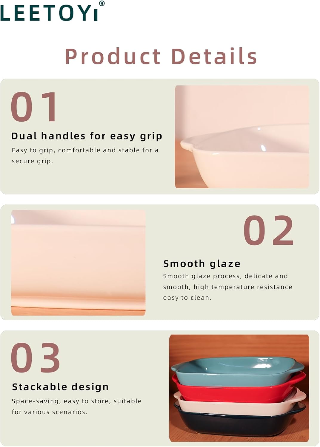 LEETOYI Ceramic Small Baking Dish 7.5-Inch Set of 4, Rectangular Bakeware with Double Handle, Baking Pans for Cooking and Cake Dinner (Red)