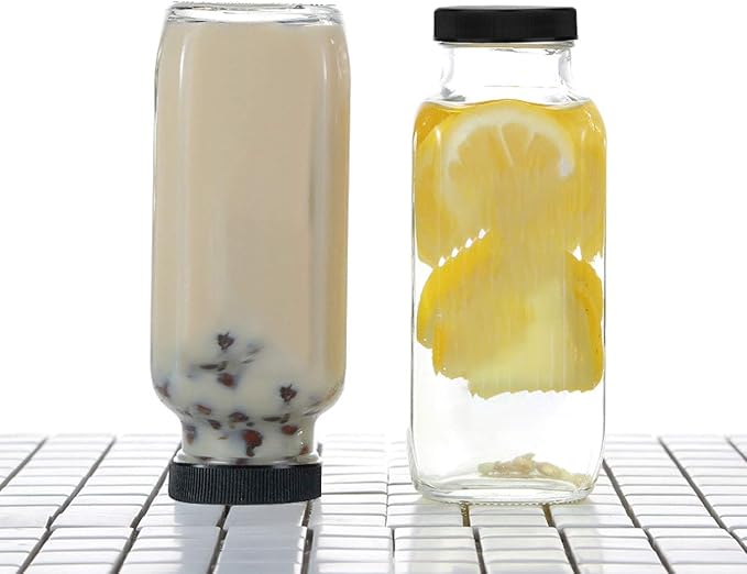 Encheng Beverages Drinking Bottles 12oz,Glass Water Botttle with Lids,Octagonal Vintage 350ml,Juice Bottles for Storage Tea,Kombucha,Milk Smoothies Jars 20Pack