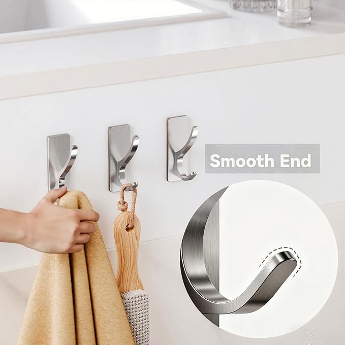 pickpiff Brushed Nickel Self Adhesive Coat Hooks for Hanging: 13LB Extra Strong Stainless Wall Hook for Towel, Utensil, Backpack, Hat, Sturdy Metal Hanger for Bathroom, Kitchen, Door, 6-Pack