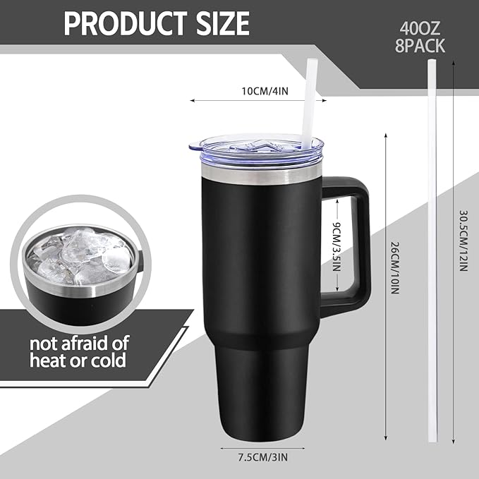 8 Pack Stainless Steel Tumblers with Handle Bulk Double Wall Powder Coated Insulated Tumbler with Lid and Straw for Laser Engrave, DIY Gift, 40oz Black