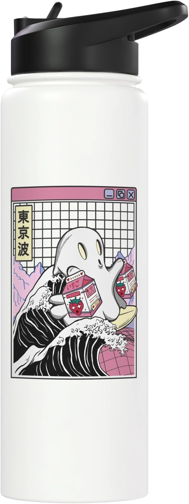 Surfing Ghost Strawberry Milk Cartons Anime Kawaii Vaporwave Stainless Steel Insulated Water Bottle
