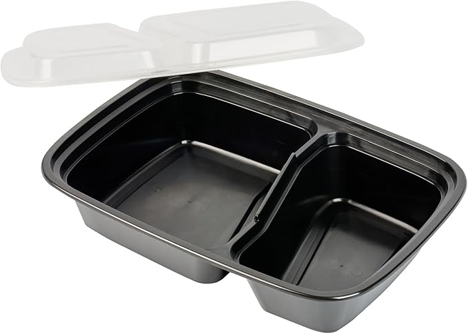 Restaurantware Asporto 32 Ounce Compartment Take Out Boxes 100 Microwavable Meal Prep Containers - 2 Compartments With Clear Plastic Lids Black Plastic Food Containers Do Not Contain BPA