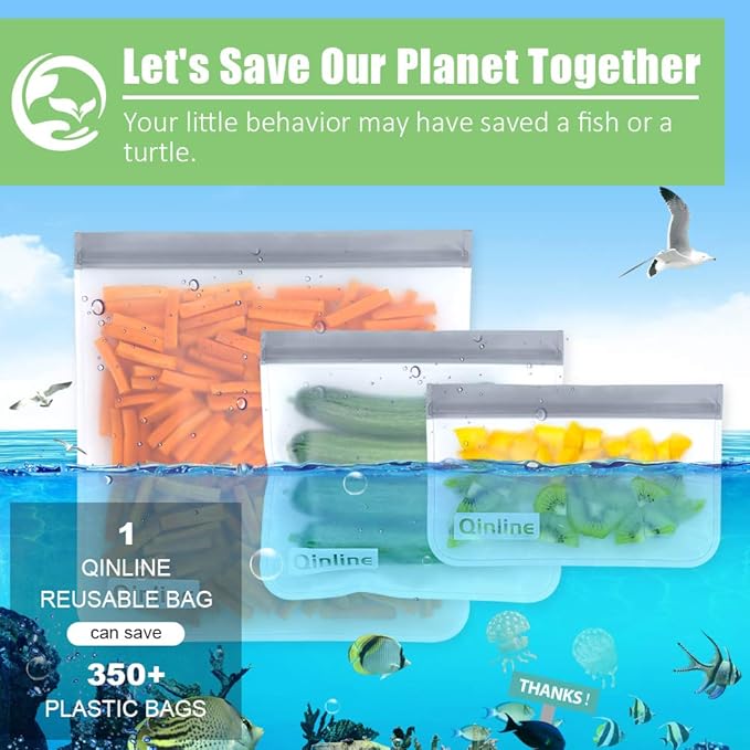 Qinline Reusable Food Storage Bags - 24 Pack Freezer Bag, Reusable Bags, Extra Thick Leakproof Lunch Bag