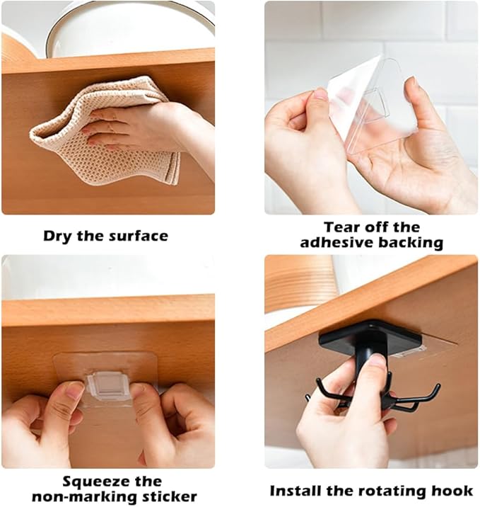 4 PCS Under Cabinet Kitchen Utensils Hooks Utility Nail Free 360°Rotating Hooks Adhesive Hanging Storage Rack for Tools/Towel/Knife(Black)