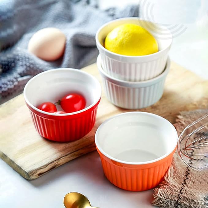Ramekins 6oz Oven Safe,Creme Brulee Ramekin and Souffle Dishes,Porcelain Baking Bowls,Dipping Sauce Dish.Pudding Cups,Set of 6,Orange