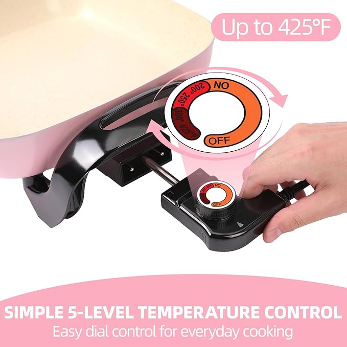 12" Ceramic Nonstick Electric Skillet with Tempered Vented Glass Lid, Scratch-Resistant Surface, Cool-Touch Handles, Removable Easy-to-Clean Design, 1200W, Vibrant Pink