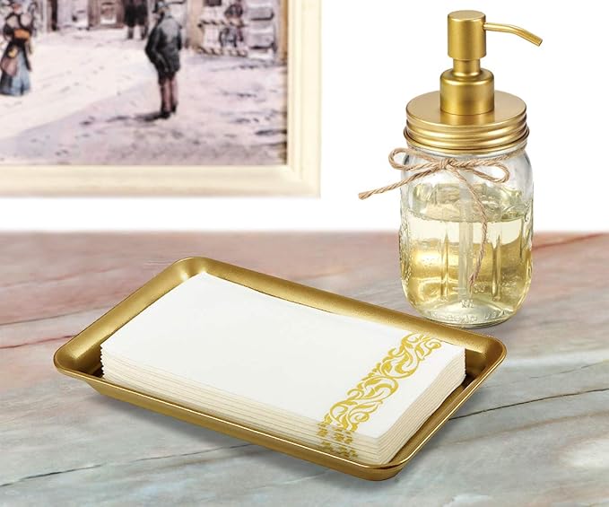 SheeChung 2 Pack Vintage Farmhouse Decor Metal Vanity Tray and 2 Pack Bathroom Soap Dishes Tray with Drain Metal Sponges Scrubber Holder Bar Soap Dispenser Saver - Gold