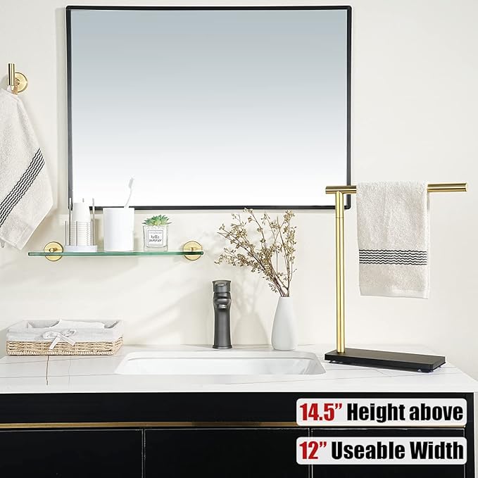 JQK Hand Towel Holder Stand Brushed Gold, Modern Tree Rack Free Standing for Countertop with 12 Inch Bar, 304 Stainless Steel Thicken 0.8mm, HTT170-BG