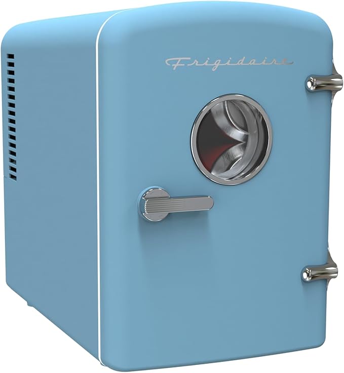 Frigidaire Retro 9-Can Mini Personal Fridge Portable Cooler for Car, Office, Bedroom, Dorm Room, or Cabin, 11.8" D x 7.1" W x 10.1" H, BLUE
