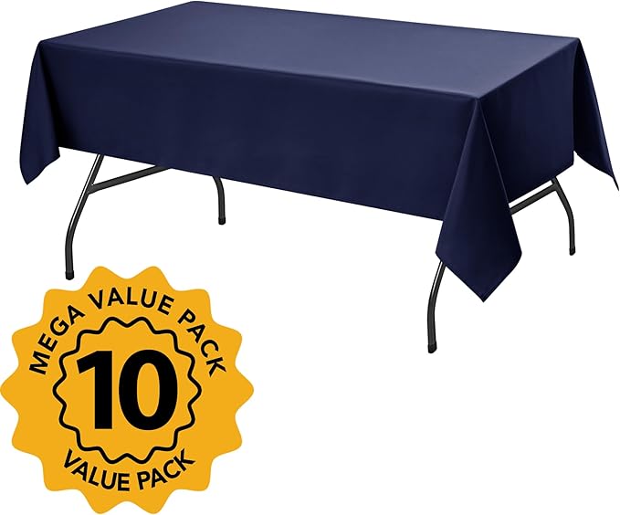 10-Pack Navy Blue Tablecloths for Rectangle Tables, 60 x 102 Inches, Stain-Resistant Polyester Fabric for 6 Foot Tables - Washable Table Covers for Weddings, Birthday Parties, Events
