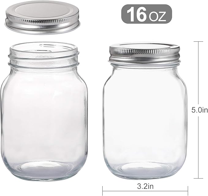 YINGERHUAN Glass Regular Mouth Mason Jars, 16 oz Clear Glass Jars with Silver Metal Lids for Sealing, Canning Jars for Food Storage, Overnight Oats, Dry Food, Snacks, Candies, DIY Projects (15PACK)