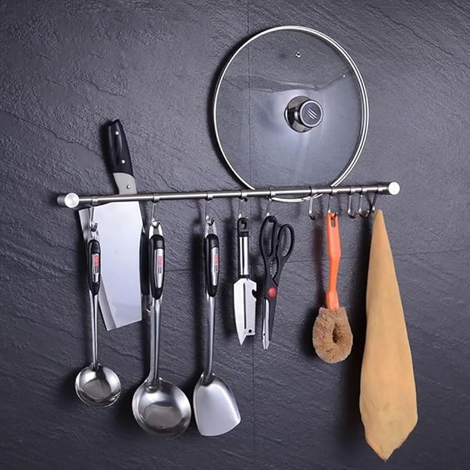 Premium Stainless Steel Kitchen Tool Utensil Organizer Bar Rack with Movable Hooks for Pan Pot Spoon Towel (Transitional, 8 Hooks)