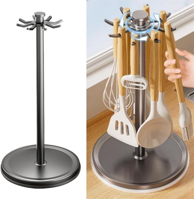 Rotatable Hanging Organizer with 8 Hooks for Kitchen Utensils, 360 Degree Swivel Countertop Holder for Cooking Tool Storage (White)