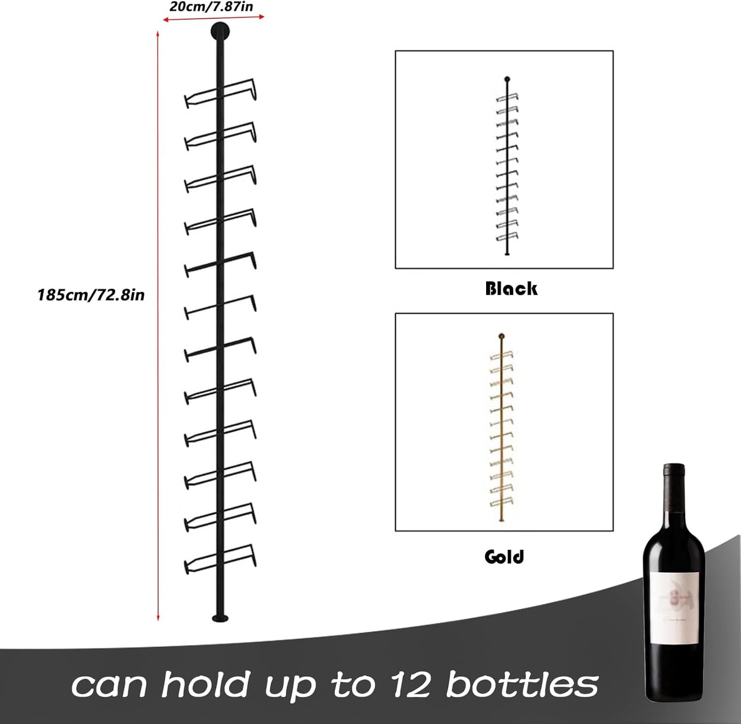 Wine Rack Wall Mounted, 72.8in High Metal Wine Bottle Holder for 12 Bottles, Kitchen Organization and Wine Storage for Commercial Restaurants Pantry Bar Wine Cellar (Gold, Three rows-36 Bottles)