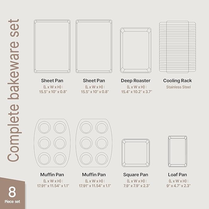 BAKKEN Kitchen Baking Pan Set - Nonstick Green Marble Coating, Carbon Steel Bakeware Sets with Green Silicone Handles, Kitchen Essentials, PFOA, PFOS, PTFE Free, Oven Safe (Up To 450° F), Set of 8
