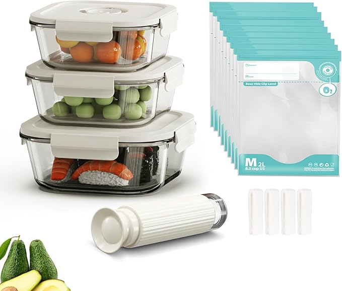 Vacuum Sealer & Food Storage Container for Food, Vacuum Sealer for Food + 3 Glass Vacuum Containers |Square [18 Oz/27 Oz/42 Oz]+ 10 Food Saver Sealer Bags,For Freezer, Sous Vide, Meal Prep