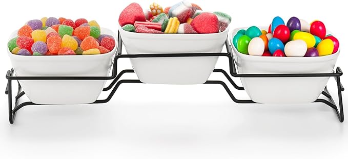 ZENFUN 10 oz Square Bowl Chip & Dip Serving Set, Pocelain Ramekin Bowls with Metal Rack Stand, White Small Serving Dishes, Condiment Serving Tray for Entertaining, Party, Buffets, Christmas