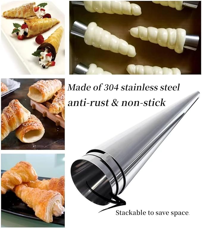 10 Pack Croissant Baking Forms 5 Inch + 10 Pack 5 Inch Cannoli Tube Moulds Kit, with Blue Pastry Bags Reusable, Cleaning Brush and Quality long Cream Icing Piping Tip for DIY Croissant Rolls