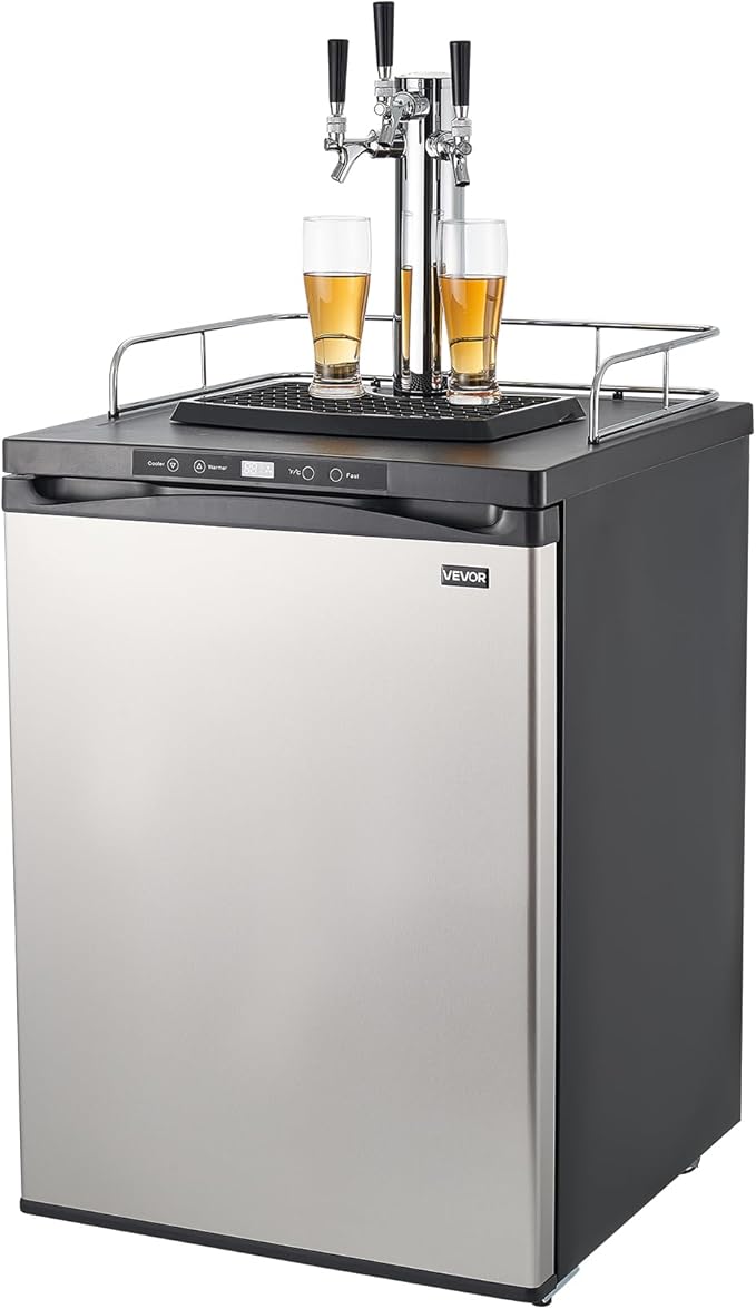 VEVOR Beer Kegerator, Triple Tap Commercial Draft Beer Dispenser for D system, Full Size Keg Refrigerator with 5lbs CO2 Tank, Hold 3 Sixth/2 Slim/3 Ball lock keg (3 taps - ball lock)