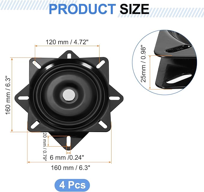 uxcell 3Pcs 6.5" Bar Stool Swivel Replacement, 360° Rotation Lazy Susan Turntable, Square Semi-Ball Bearing Seat Swivel Base Mount Plate for Recliner Chair or Table, Black (160x2.5mm)
