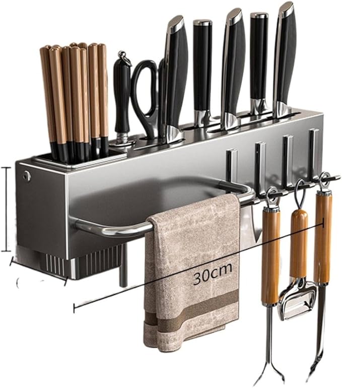 New Multi-Functional Kitchen Rack Home Wall-Mounted Knives Chopstick and Spoon Storage Rack Punch-Free cookware draining Rack, 30, Gray