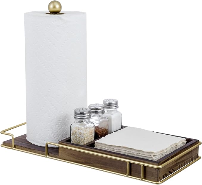 MyGift Rustic Kitchen and Dining Combo Caddy - Brown Wood and Brass Metal Paper Towel Roll Dispenser Stand, Napkin Holder, Spice Rack with 3 Shakers
