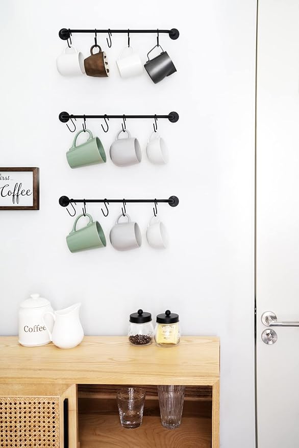 Mkono Mug Holder Wall Mounted Coffee Cup Rack Hanger Modern Metal Wall Rack with 15 Mug Hooks Rustic Utensil Tea Cups Storage Organizer for Kitchen Dining Room Coffee Bar, Set of 3, Black