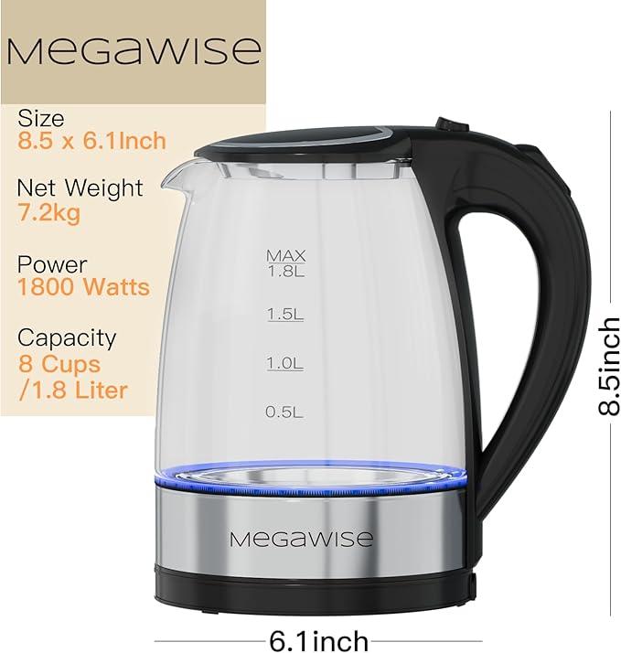 Megawise Electric Glass Kettle with Auto Shut-Off (1.8L)