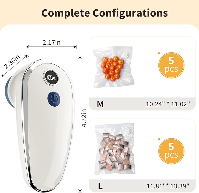 Compact Vacuum Sealer Machine for Food with 10 Reusable Vacuum Bags, Seal Food 5X Fresh Longer, Handheld Portable Rechargeable Wireless for Food Storage