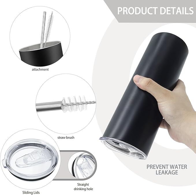 YOUKE OLA 12 Pack Stainless Steel Skinny Tumblers Bulk Straight Double Wall Insulated Tumbler with Lid and Straw for, DIY, Black, 20oz