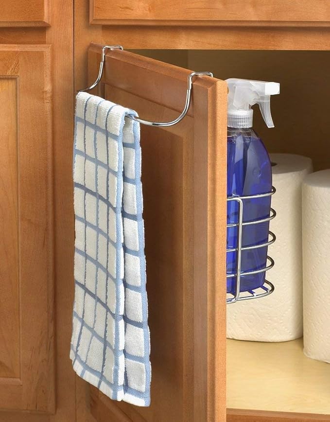Spectrum Duo Over Cabinet Towel Holder and Cabinet Basket Medium for Kitchen Towel Under Sink Storage, Durable Steel Over the Cabinet Door Towel Bar Organizer with No Drill Installation, Chrome