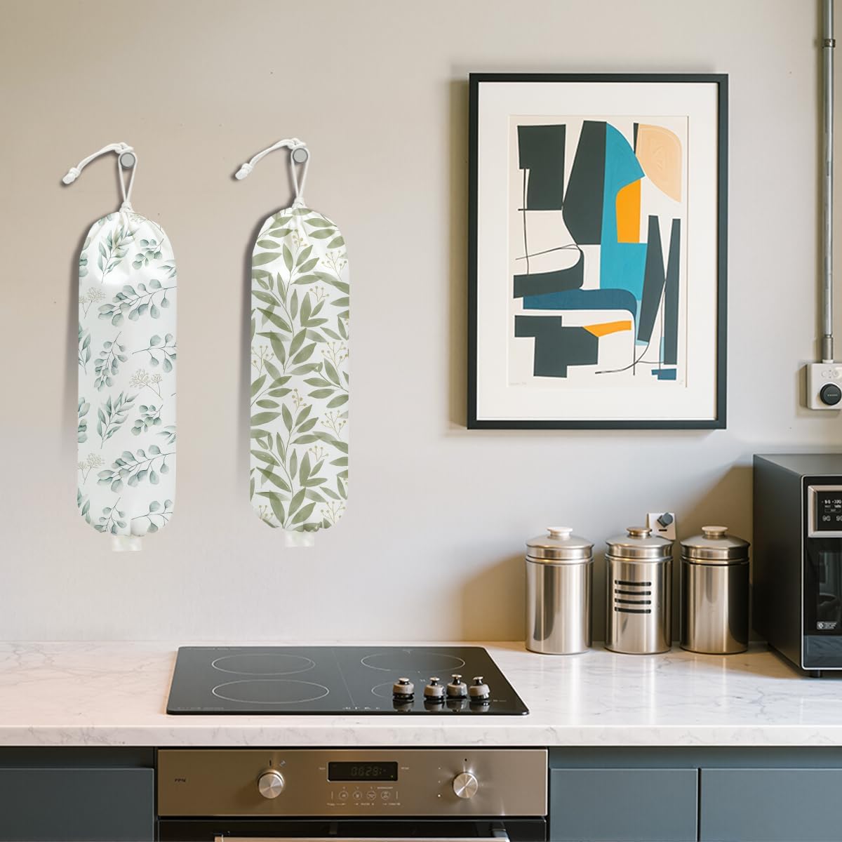 2Pcs Eucalyptus Leaves Plastic Bag Holder, Wall Mount Grocery Bag Holder for Plastic Bags, Boho Greenery Reusable Grocery Bags Storage Dispenser, Farmhouse Sweet Home Kitchen Decor