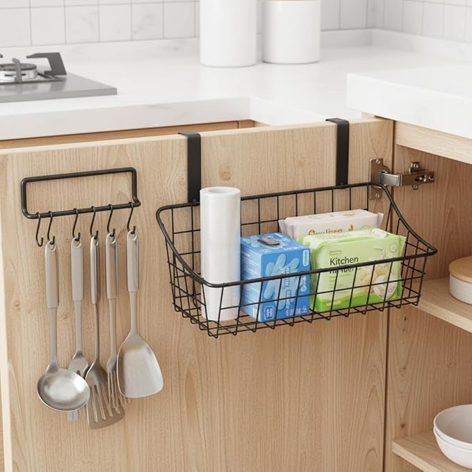 LeleCAT Over Cabinet Door Basket with hook Grid Storage Basket, Kitchen Storage Organizer,Over Cabinet Door Organizer,Hanging it behind a door or on a railing, Small, BLack,2 Pack