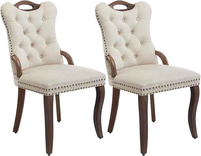 Beige Velvet Dining Chairs Set of 2，Modern Upholstered Dining Room Chairs with Tufted Back and Wood Handles, Curved Solid Wood Legs, Sillas de Comedor