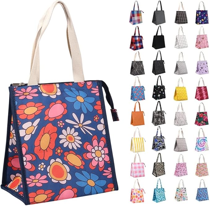iknoe Insulated Lunch Bag for Women & Adults, 9L Foldable Wide-Open Cooler Bag with Pockets, Leakproof & Portable, for Picnic, Office, Beach(Blue flower)
