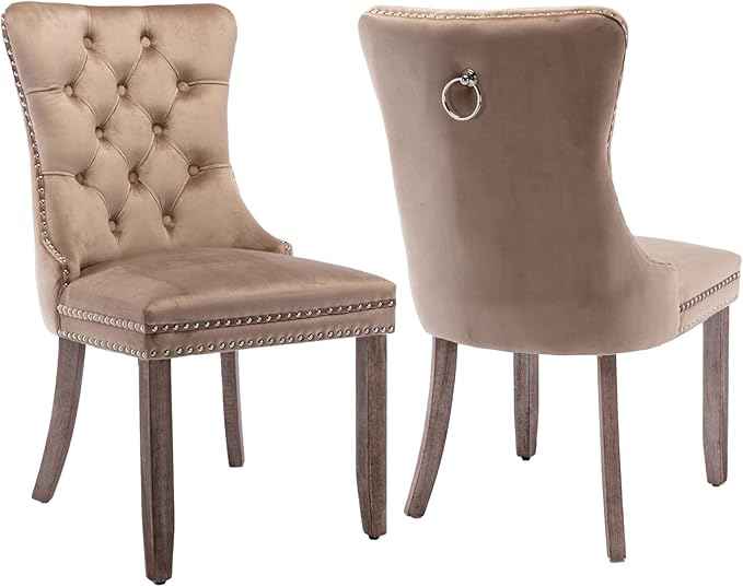 Upholstered Dining Chairs Set of 2, Velvet Dining Room Chairs with Back Ring Pull Trim and Solid Wood Legs, Tufted Wingback Kitchen Chair Perfect for Dining Room,Living Room,Kitchen(Khaki)