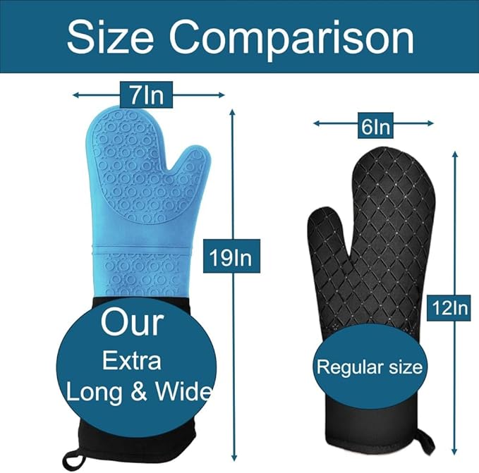Extra Long High Temp Oven Mitts - 2pcs Commercial, Heavy Duty Non-Slip Grip Mitts - Silicone Heat Resistant Up to 500 Degrees, Ideal for Cooking, Baking & Frying, Blue