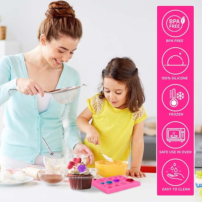 OBTANIM Silicone 21 Cavity Rose Flower Fondant Mold Cake Cupcake Top Decoration Mould for Chocolate Handmade Candy