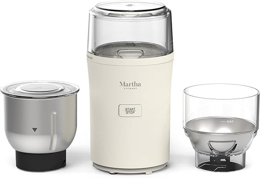 Martha Stewart Electric Coffee & Spice Grinder, Dual 2.5oz Removable Bowls, Storage Lids, Stainless Steel Blades, One Touch Pulse Control, 2-in-1 Compact, Beans & Spices, Herbs & Nuts, Linen White