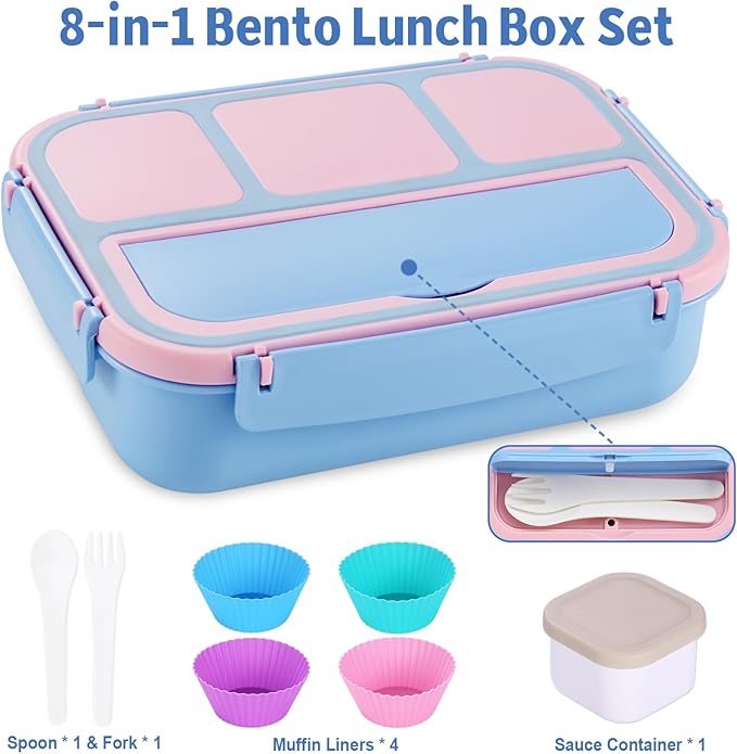 shell and turtle Bento Box Adult Lunch Box, Lunch Containers for Kids Girls Boys with 4 Compartments, Lunchable Food Container with Utensils, Sauce Jar, Muffin Liners, 40 Oz/5 Cup, Blue Pink