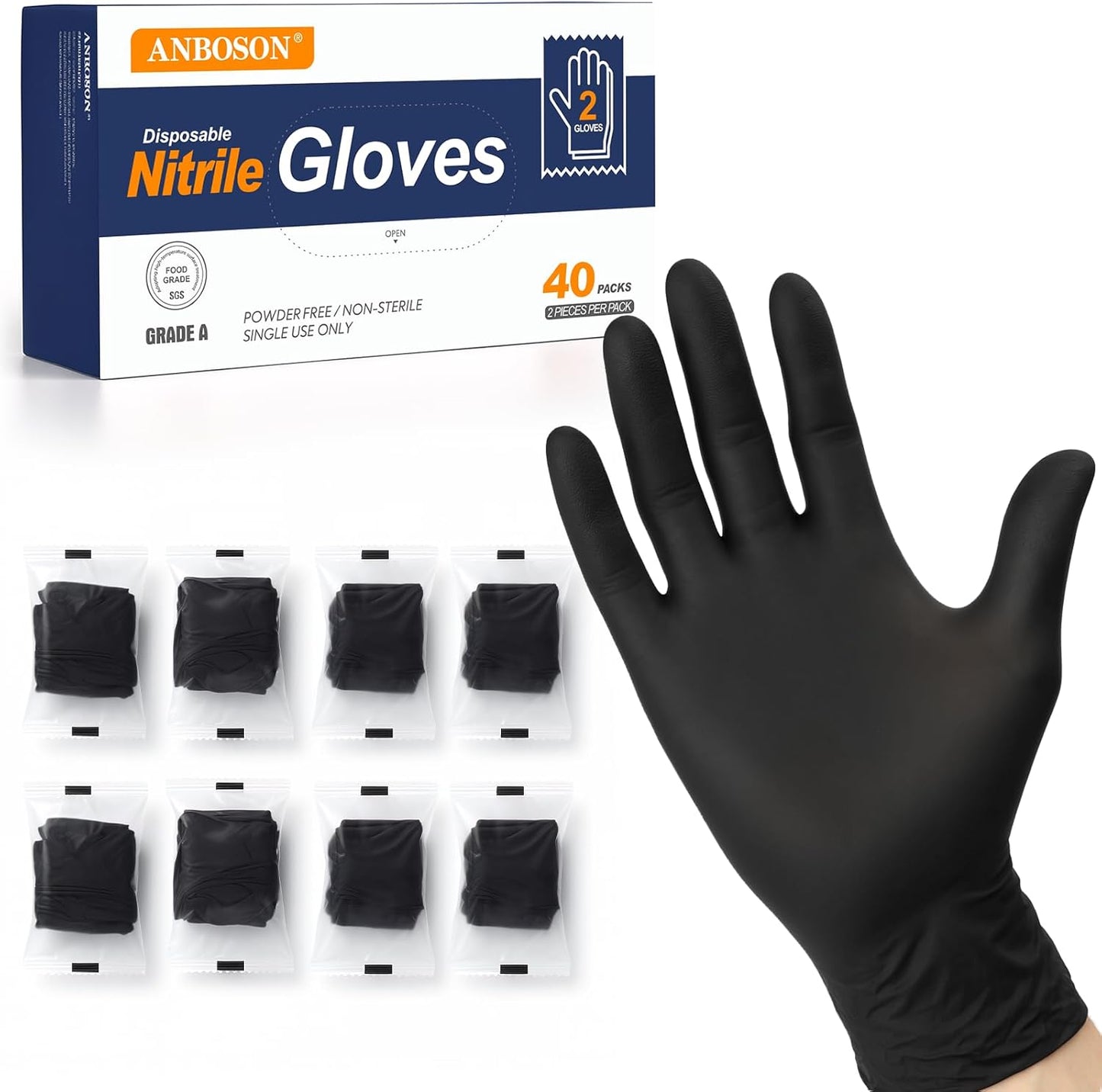 Nitrile Gloves 5mil Disposable, 40 Pairs (80 Gloves), Individually Wrapped 2 Pack, Latex Free, Powder Free, Comfortable Fit, Durable Gloves for Work, Food Prep, Cleaning, Household, Travel Use, Large