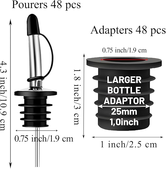 48-Pack Liquor Bottle Pourers with Adapters, Liquor Pour Spout Adapters set for for Large Olive Oil Bottles and Liquor Bottles - Up to 1 Inch/25mm Neck Converts Spout into a Large Pour Spout,Sliver