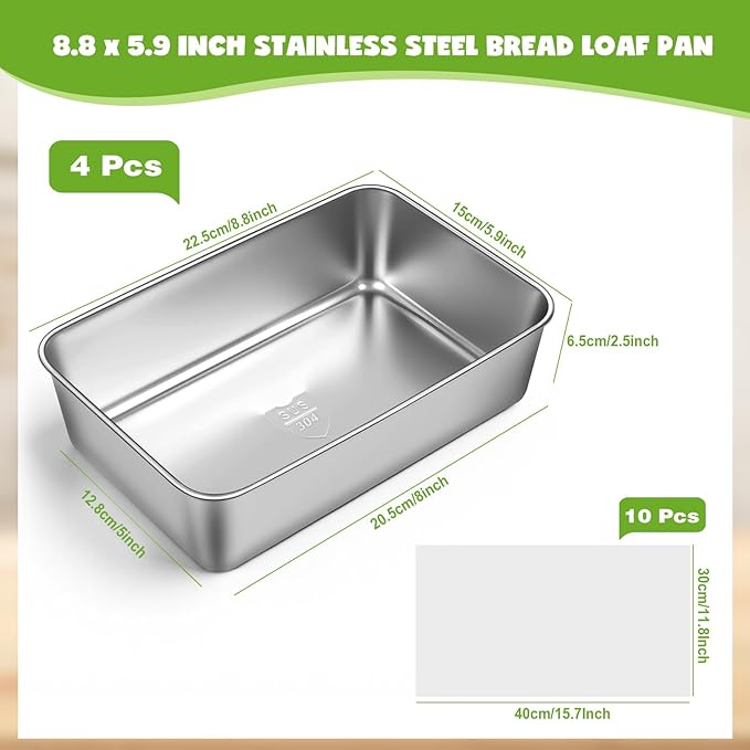 4 Packs 8.8×5.9 Inch Loaf Pans for Baking Bread, 304 Stainless Steel Loaf Bread Pan with Parchment Paper Liners, Metal Bakeware for Bread, Meatloaf, Cake Brownies, Easy Release, Oven & Dishwasher Safe