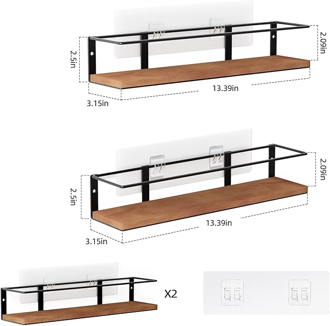 Spice Rack Self-Adhesive or drilling, Rustic Style Hanging Spice Rack, Spice Organization for Cabinet Door or Wall Mount, Over The Stove, Kitchen Wall, 2-Pack