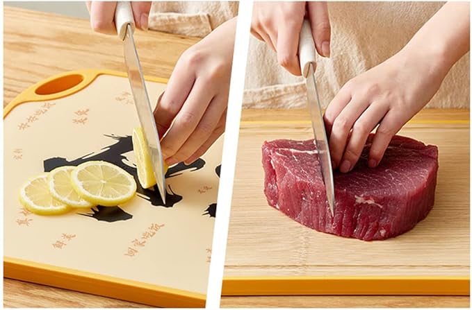 Double Sided Plastic Bamboo Wood Cutting Board Creative Board with Handles for Meat Fish Vegetable Cheese (1 Pack