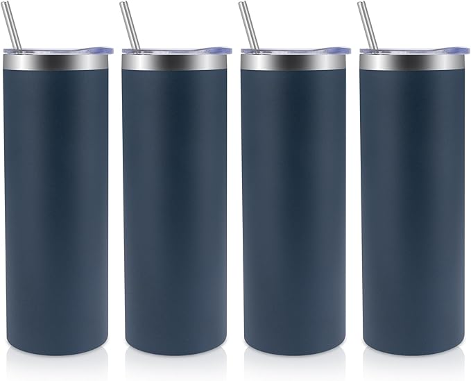 Volhoply 4 Pack Skinny Tumblers with Lid and Straw, 20oz Stainless Steel Straight Tumbler Bulk, Vacuum Insulated Coffee Mug for Home, Office, Travel, DIY (Navy,4 Pack)