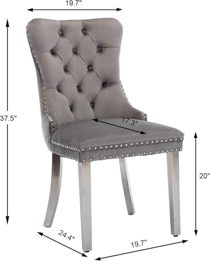 Dining Room Chairs Set of 4, Velvet Upholstered Dining Chairs with Back Ring Pull Trim and Sliver Stainless Steel Legs,Modern Dining Chair Perfect for Dining Room,Kitchen(Grey)