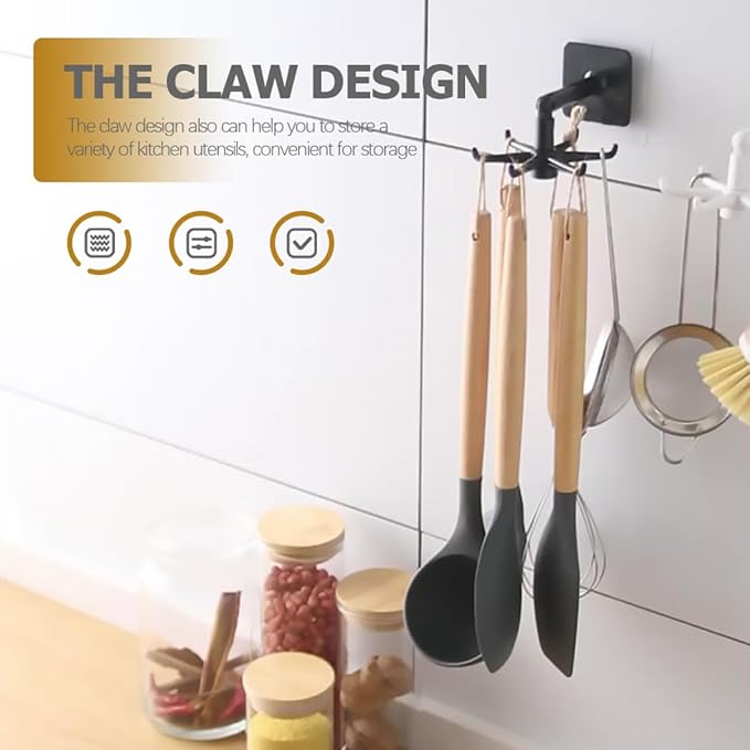 PRETYZOOM 4pcs 360-degree Rotatable Kitchen Utensil Hooks Under Cabinet Hanging Holder Set, No Drilling Wall Mount Hook for Kitchen Organization, Black and White